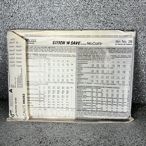 McCall's Patterns M5352 Shirt, Top, Pull-On Skirt & Pants, Size B (14-16-18-20) - Picture 4 of 6